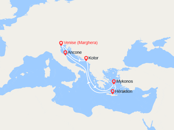 itinéraire croisière Méditerranée Orientale : Iles grecques : Monténégro, Mykonos, Crète, Italie