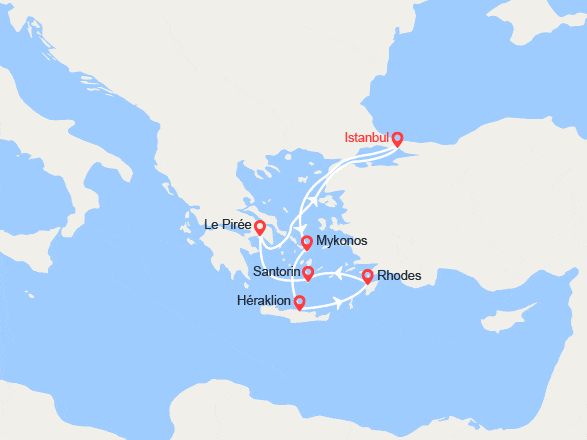 itinéraire croisière Méditerranée Orientale : Îles Grecques : Mykonos, Héraklion, Rhodes, Santorin