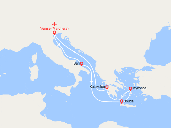 itinéraire croisière Méditerranée Orientale : Îles Grecques : Mykonos, Santorin, Katakolon - Vols inclus