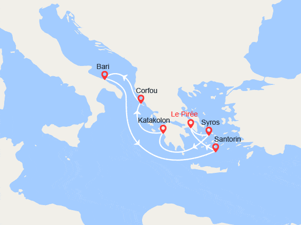 itinéraire croisière Méditerranée Orientale : Iles grecques, Grèce & Italie : Syros, Athènes, Corfou, Bari, Santorin