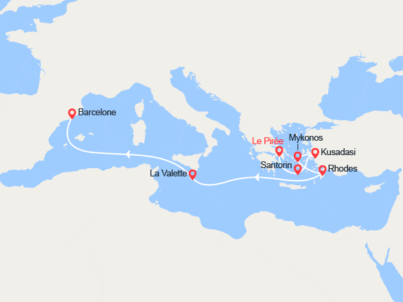 itin&eacute;raire croisi&egrave;re Méditerranée Orientale : Iles grecques, Turquie, Malte, Espagne 
