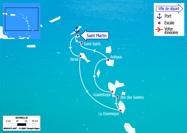 itinéraire croisière Caraïbes et Antilles : Îles sous le Vent : Iles Saintes, Dominique, Antigua, St Barth...