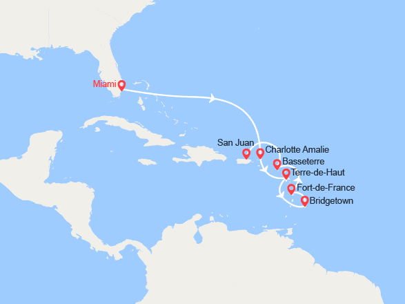itinéraire croisière Caraïbes et Antilles : Îles Vierges, Guadeloupe, Barbade, Martinique, St Christophe et Niévès, Porto Rico