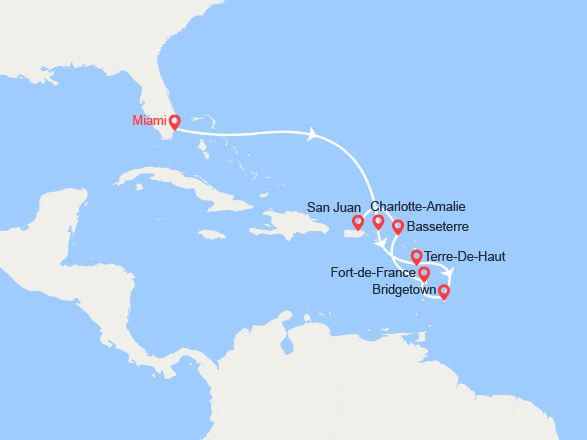 itinéraire croisière Caraïbes et Antilles : Îles Vierges, Guadeloupe, Barbade, Martinique, St Christophe et Niévès, Porto Rico