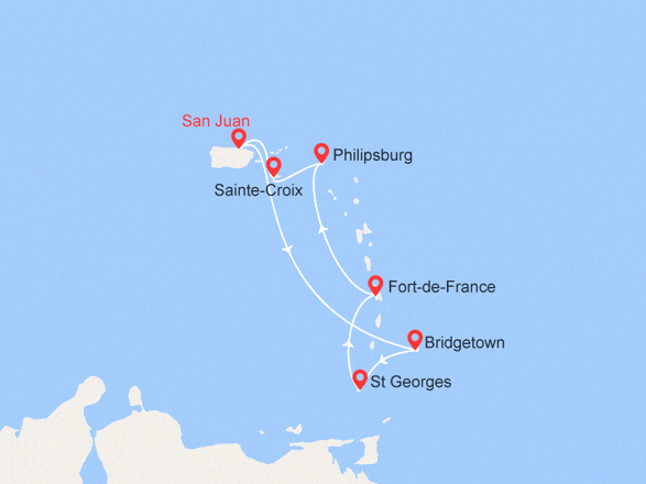 itinéraire croisière Caraïbes et Antilles : Iles Vierges, La Barbade, Grenade, Martinique...