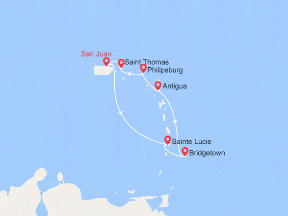 itinéraire croisière Caraïbes et Antilles : Iles Vierges, Saint Martin, La Barbade