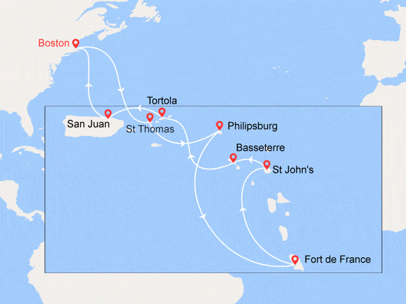 itinéraire croisière Caraïbes et Antilles : Iles Vierges, St. Martin, Martinique, Antigua, St. Kitts, Porto Rico