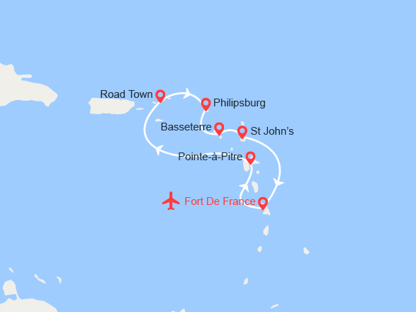 itinéraire croisière Caraïbes et Antilles : Iles Vierges, St Martin, St Kitts, Antigua || Vols inclus
