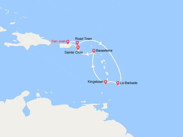itinéraire croisière Caraïbes et Antilles : Iles Vierges Britanniques, La Barbade, St Vincent et les Grenadines,St Kitts et Nevis, Iles Vierges Américaines 