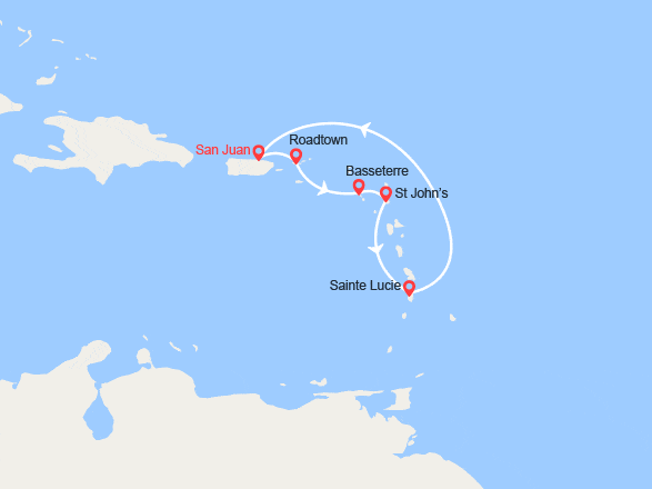 itinéraire croisière Caraïbes et Antilles : Iles Vierges Britanniques, St Kitts et Nevis, Antigua, Ste Lucie