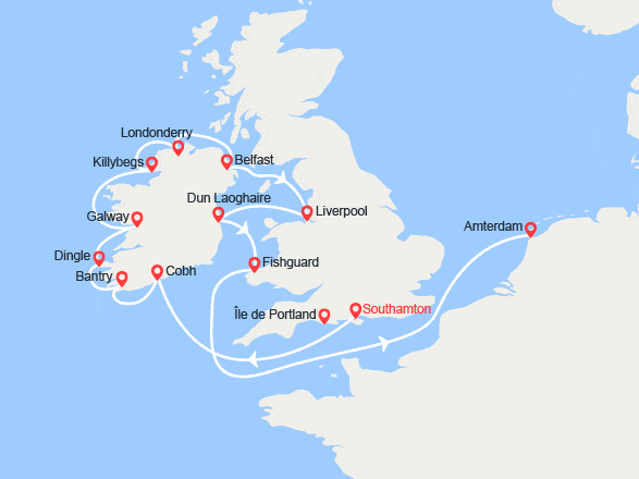 itinéraire croisière Iles Britanniques : Irlande de Southampton à Amsterdam
