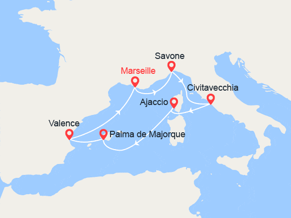 itinéraire croisière Iles Baléares : Italie, Corse, Majorque, Espagne
