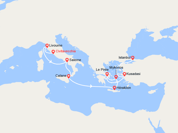 itin&eacute;raire croisi&egrave;re Méditerranée Orientale : Italie, Crète, Grèce, Turquie 
