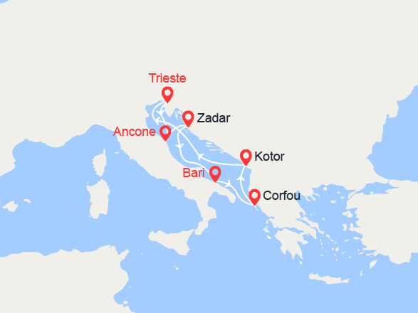 itinéraire croisière Iles grecques : Italie, Croatie, Corfou, Monténégro