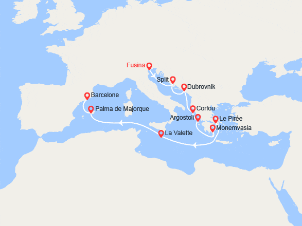 itin&eacute;raire croisi&egrave;re Méditerranée Occidentale : Italie, Croatie, Grèce, Malte, Espagne 