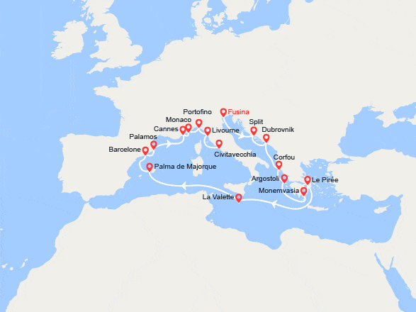itin&eacute;raire croisi&egrave;re Méditerranée Orientale : Italie, Croatie, Grèce, Malte, Espagne, France, Monaco 