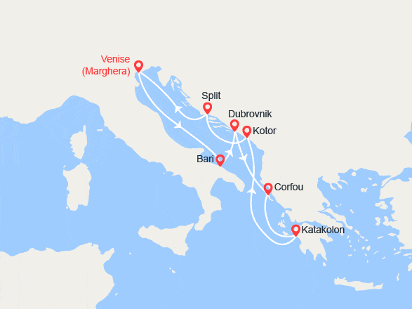 itinéraire croisière Méditerranée Orientale : Italie, Croatie, îles Grecque, Monténégro