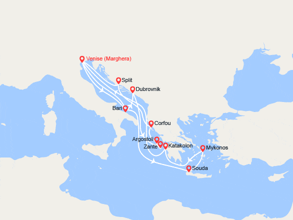 itinéraire croisière Méditerranée Orientale : Italie, Croatie, îles Grecques : Venise, Corfou, Dubrovnik, Katakolon