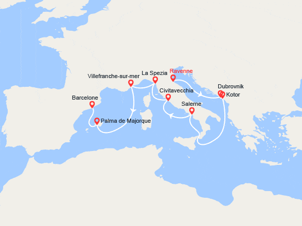 itin&eacute;raire croisi&egrave;re Méditerranée Occidentale : Italie, Croatie, Monténégro, France, Espagne 