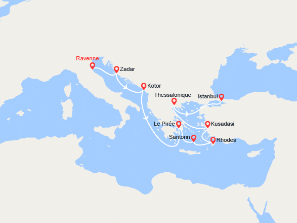 itin&eacute;raire croisi&egrave;re Méditerranée Orientale : Italie, Croatie, Monténégro, Grèce, Turquie 