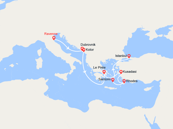 itin&eacute;raire croisi&egrave;re Méditerranée Orientale : Italie, Croatie, Monténégro, Grèce, Turquie 