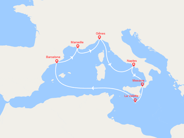 itinéraire croisière Méditerranée Occidentale : Italie, Espagne, France, Malte