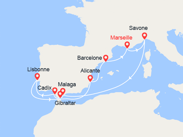 itinéraire croisière Méditerranée : Italie, Espagne, Gibraltar, Portugal
