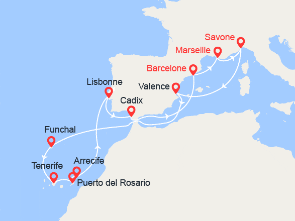 itinéraire croisière Méditerranée - Canaries Madère : Italie, Espagne, Madère, Canaries, Portugal