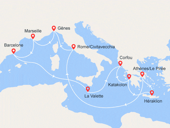 itinéraire croisière Méditerranée : Italie, Espagne, Malte, Grèce