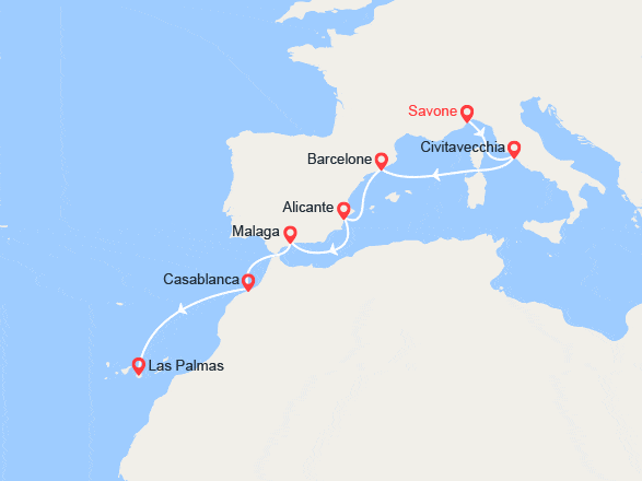 itin&eacute;raire croisi&egrave;re Méditerranée Orientale : Italie, Espagne, Maroc, Canaries 