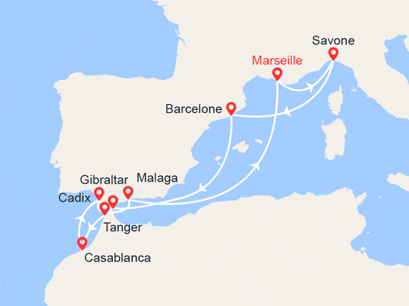 itin&eacute;raire croisi&egrave;re Méditerranée Occidentale : Italie, Espagne, Maroc, Gibraltar 