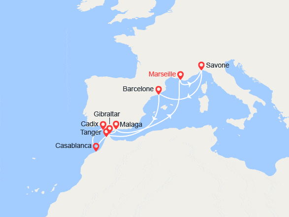 itin&eacute;raire croisi&egrave;re Méditerranée Occidentale : Italie, Espagne, Maroc, Gibraltar 