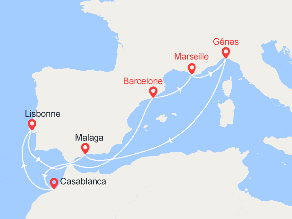 itinéraire croisière Méditerranée : Italie, Espagne, Maroc, Portugal, France