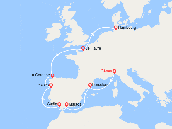 itinéraire croisière Méditerranée Occidentale : Italie, Espagne, Portugal, France, Allemagne