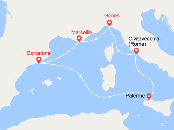 itinéraire croisière Méditerranée : Italie, France, Espagne