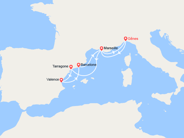 itinéraire croisière Méditerranée Occidentale : Italie, France, Espagne