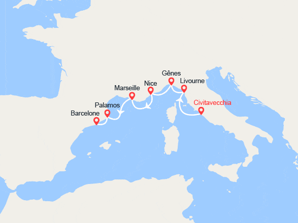 itinéraire croisière Méditerranée Occidentale : Italie, France, Espagne