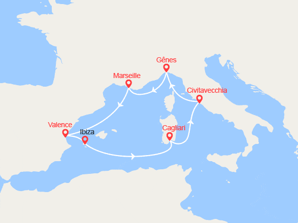 itinéraire croisière Méditerranée Occidentale : Italie, France, Espagne