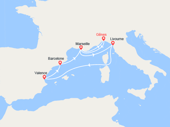 itinéraire croisière Méditerranée Occidentale : Italie, France, Espagne
