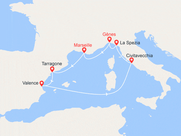 itinéraire croisière Méditerranée : Italie, France, Espagne