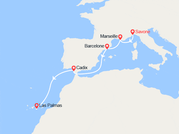 itinéraire croisière Méditerranée Occidentale : Italie, France, Espagne, Canaries