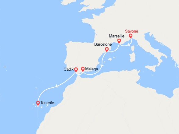 itinéraire croisière Méditerranée Occidentale : Italie, France, Espagne, Canaries 