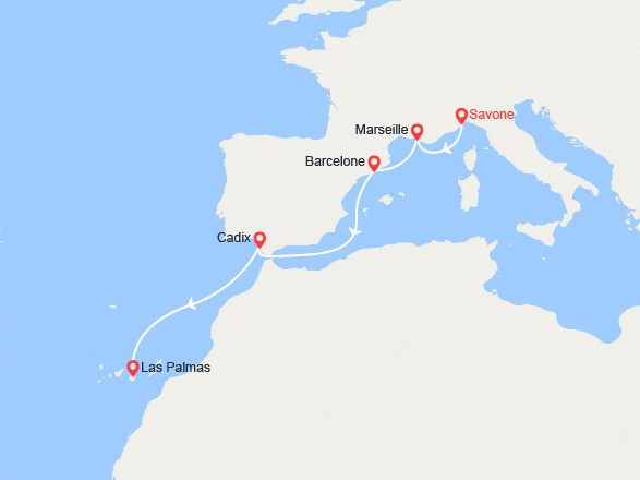 itinéraire croisière Méditerranée Orientale : Italie, France, Espagne, Canaries 