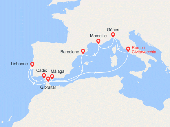 itinéraire croisière Méditerranée : Italie, France, Espagne, Gibraltar, Portugal