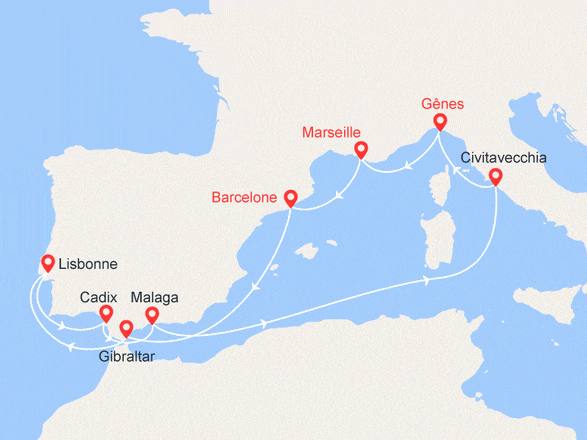 itinéraire croisière Méditerranée : Italie, France, Espagne, Gibraltar, Portugal