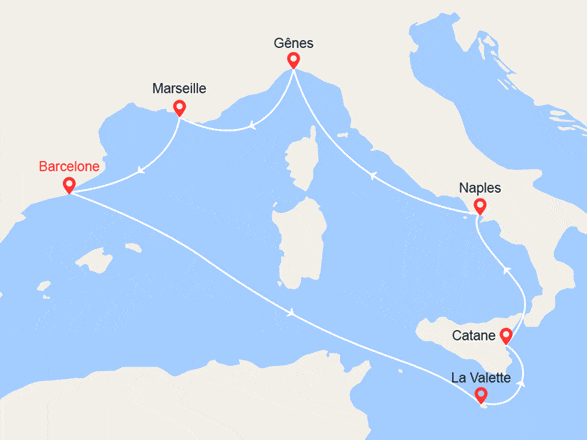 itinéraire croisière Méditerranée : Italie, France, Espagne, Malte