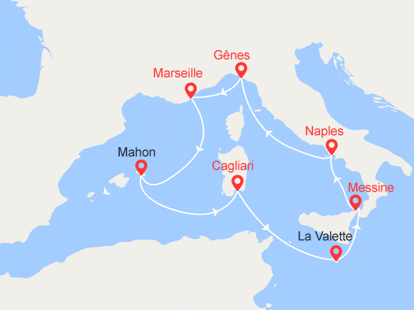 itinéraire croisière Méditerranée : Italie, France, Espagne, Malte