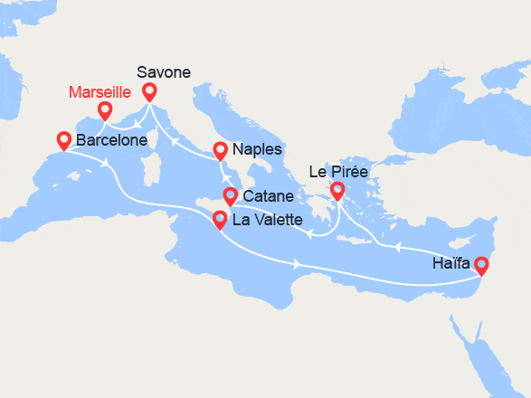 itinéraire croisière Méditerranée : Italie, France, Espagne, Malte, Grèce
