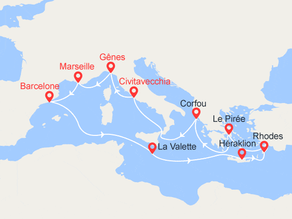 itinéraire croisière Méditerranée : Italie, France, Espagne, Malte, Grèce