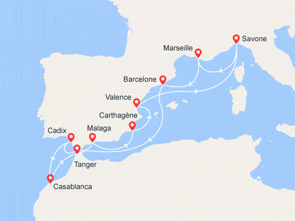 itinéraire croisière Méditerranée : Italie, France, Espagne, Maroc
